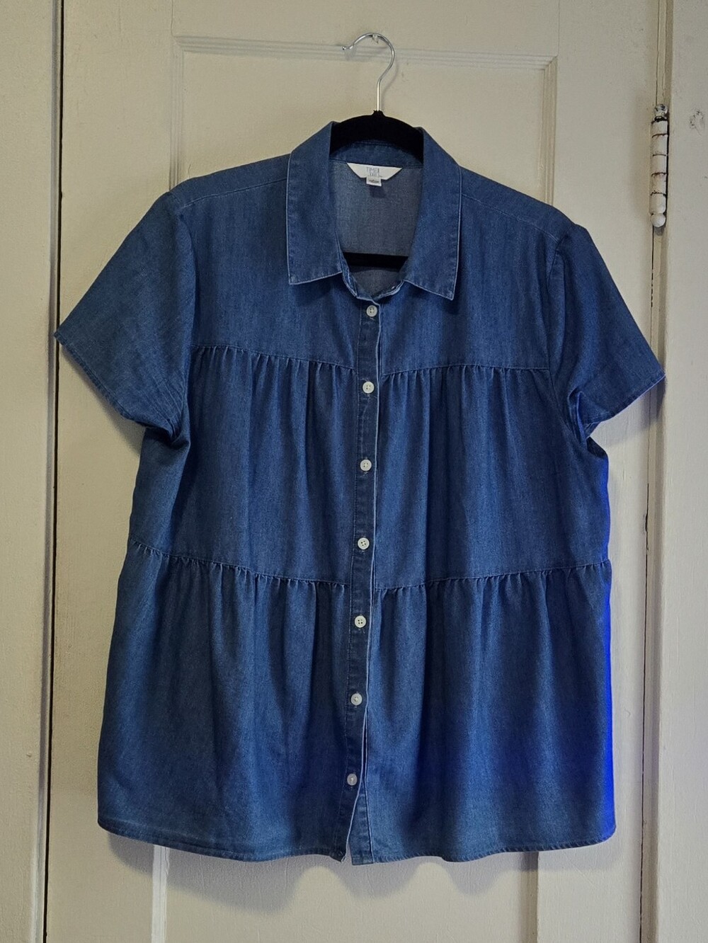 Time and Tru Blue Short-Sleeve Button-Front Peplum Shirt